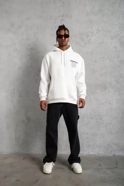 Erkek Baskılı Kapşonlu SweatShirt - Beyaz - 5