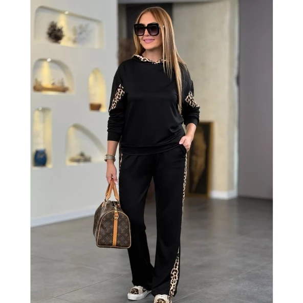 Lucky Life Kadın Kapüşonlu Leopar Detay Sweat Ve Yüksek Bel Yanları Leopar şeritli Bol Paça Pantolon Ikili Takım - 2