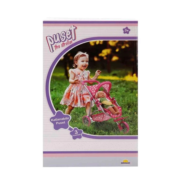 0663 Puantiye Desenli, 3 Tekerlekli ve Tenteli Oyuncak Puset - Sunman - 2