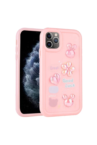 iPhone 11 Pro Max Uyumlu Kabartma Figürlü Parlak Zore Toys Silikon Kılıf-Pembe