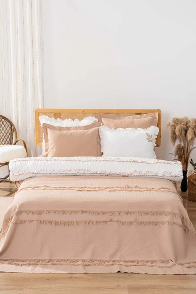 Brianna Bej Çift Kişilik %100 Pamuklu Nevresimli Yatak Örtüsü 7 Parça Çeyiz Seti - 2