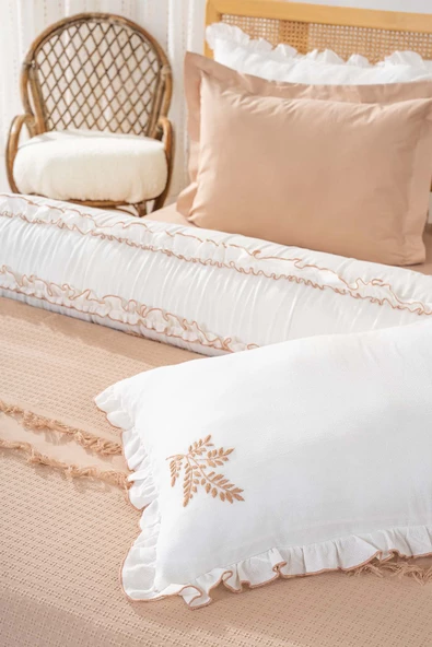 Brianna Bej Çift Kişilik %100 Pamuklu Nevresimli Yatak Örtüsü 7 Parça Çeyiz Seti - 3