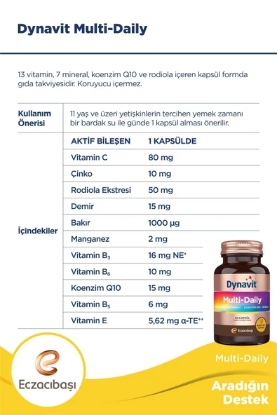 Dynavit Multi-daily Multivitamin&Mineral-Koenzim Q10-Rodiola 30 Kapsül - 3