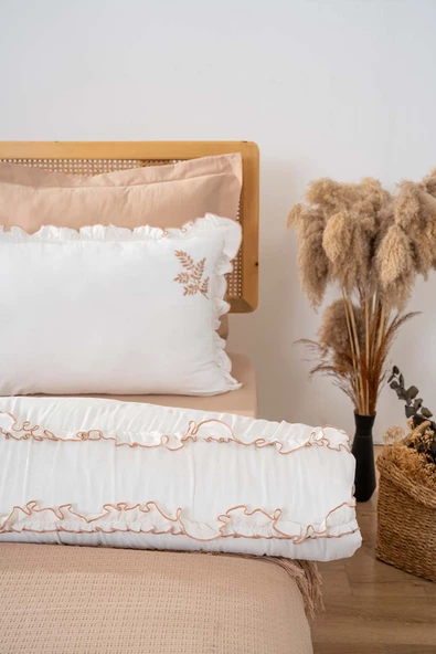 Brianna Bej Çift Kişilik %100 Pamuklu Nevresimli Yatak Örtüsü 7 Parça Çeyiz Seti - 6