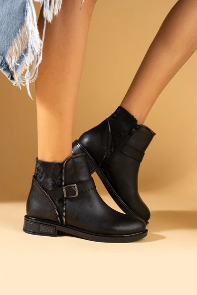 Pembe Potin Toka Detaylı Yılan Desenli Sıcak Astar Bilekte Kadın Bot 57-107-24Yln - Resim 3