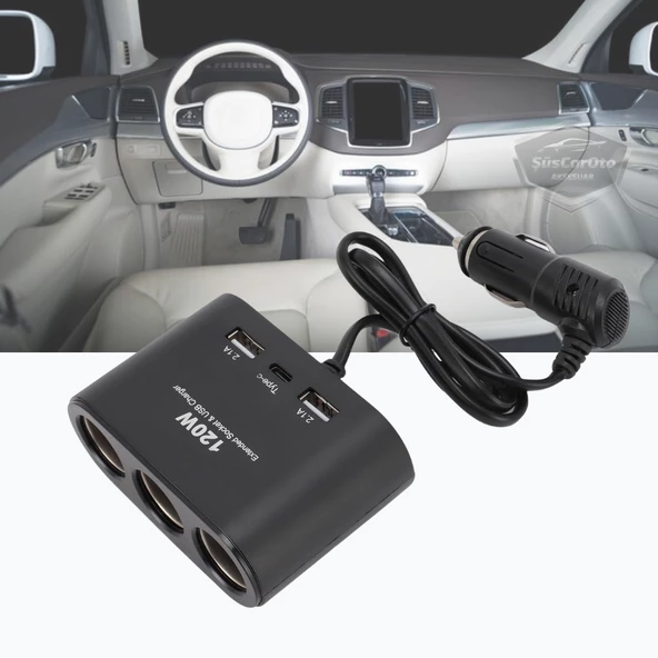 Üniversal 3 lü Çakmak Soketi 120W Çakmaklık Çoğaltıcı 2 Usb 1 Type-c Araç Şarj Cihazı Çakmaklık Şarj Çakmak Çoklayıcı 12v/24v