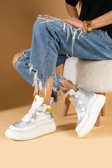 Pembe Potin Fosforlu Kumaş Detaylı Yüksek Taban Cırtlı Sneaker Kadın Bot 36-530-24