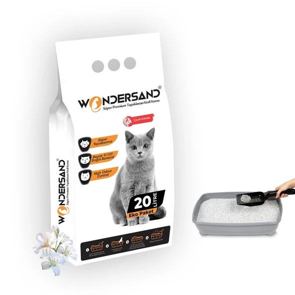 Wondersand 20 Lt Beyaz Bentonit İnce Tane Çiçek Kokulu Süper Topaklanan Premium Kedi Kumu