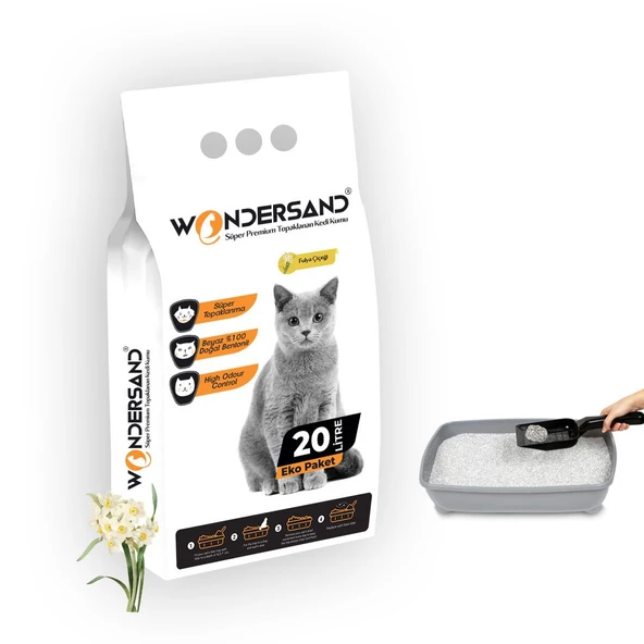 Wondersand 20 Lt Beyaz Bentonit İnce Tane FULYA Kokulu Süper Topaklanan Premium Kedi Kumu