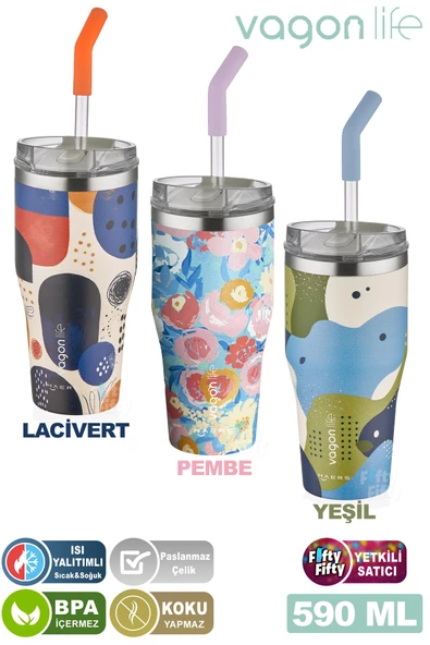 Vagonlife Tumbler Özel Desenli Cup 590 ML Vakumlu Paslanmaz Çelik Termos Pipetli/Rahat İçim -FFVGN1001-590ML - 9