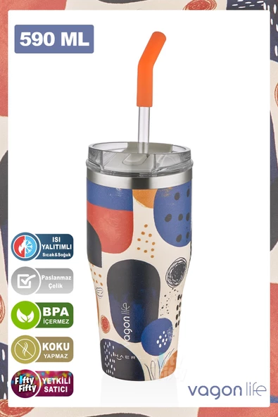 Vagonlife Tumbler Özel Desenli Cup 590 ML Vakumlu Paslanmaz Çelik Termos Pipetli/Rahat İçim -FFVGN1001-590ML - 2
