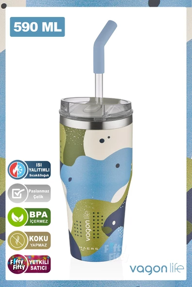 Vagonlife Tumbler Özel Desenli Cup 590 ML Vakumlu Paslanmaz Çelik Termos Pipetli/Rahat İçim -FFVGN1001-590ML - 6