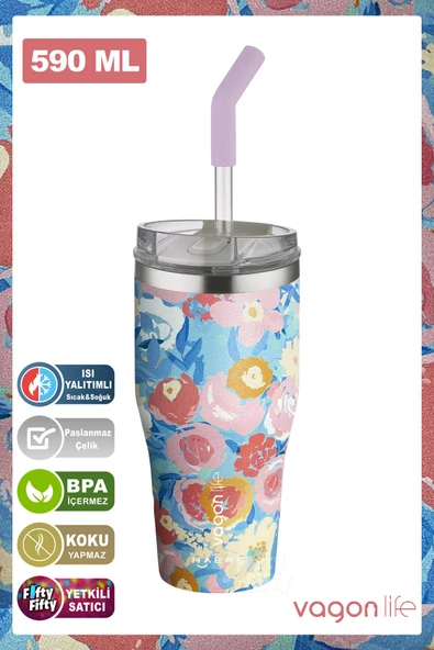 Vagonlife Tumbler Özel Desenli Cup 590 ML Vakumlu Paslanmaz Çelik Termos Pipetli/Rahat İçim -FFVGN1001-590ML - 10