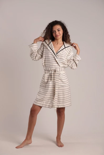 buldanstore Carmen Bornoz %60 Pamuk %40 Bambu Ekru-Siyah Cizgili - 2
