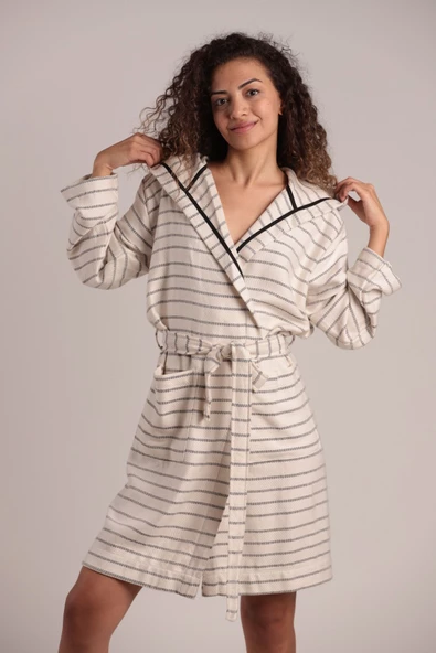 buldanstore Carmen Bornoz %60 Pamuk %40 Bambu Ekru-Siyah Cizgili - 4