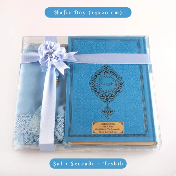 Şal + Seccade + Tesbih + Kuran Hediye Seti (Hafız Boy, Termo Deri, Açık Mavi) ürün görseli 1