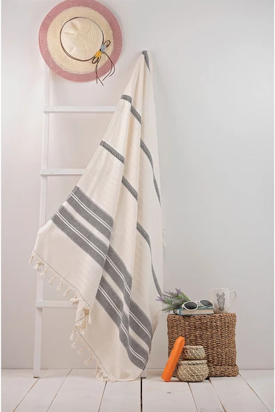 buldanstore Vivaldi Peştemal (EKRU-SİYAH) %80 Pamuk %20 Bambu 95*180cm. Banyo Havlusu, Plaj Havlusu - 2