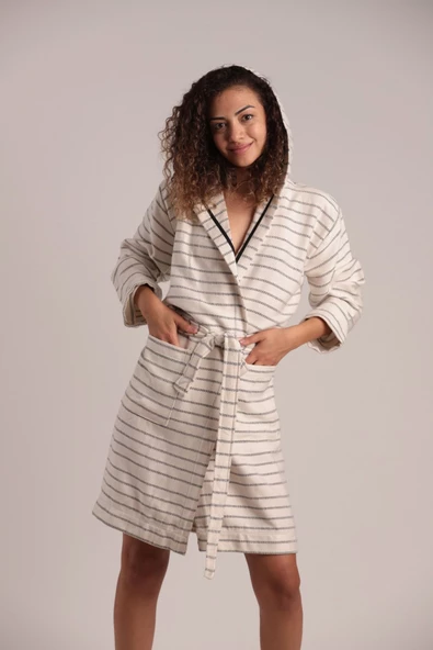 buldanstore Carmen Bornoz %60 Pamuk %40 Bambu Ekru-Siyah Cizgili - 3