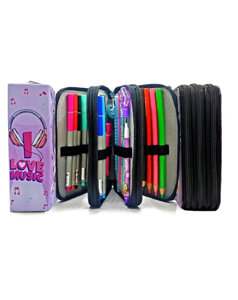 Kalem Kutusu Gitarlı Kız Müzik Kawai Organizer Kalemkutu Vegan Deri Üç Bölmeli Kalemlik Siyah - Resim 5