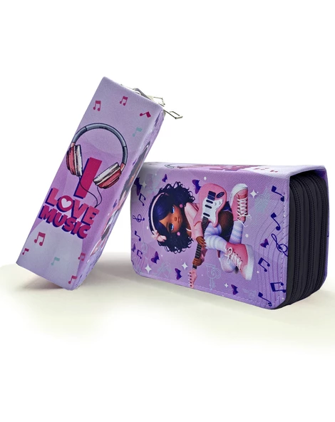 Kalem Kutusu Gitarlı Kız Müzik Kawai Organizer Kalemkutu Vegan Deri Üç Bölmeli Kalemlik Siyah - Resim 2