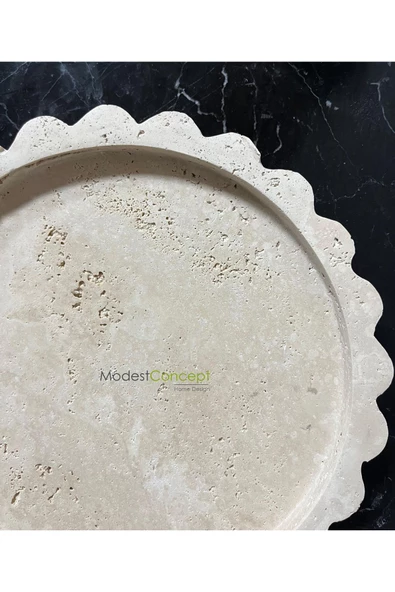 Modestmar Doğal Traverten Yuvarlak Mermer Tepsi, Banyo Düzenleyici, Sunum Tabağı Yuvarlak Tepsi Kenar Detaylı