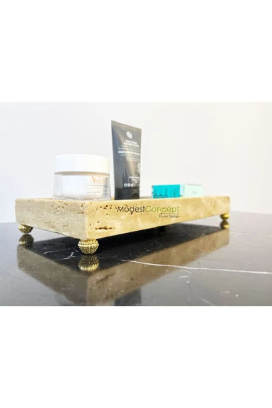 Modestmar Doğal Traverten Mermer Tepsi, Banyo Düzenleyici, Sunum Tabağı, Organizer 15x30cm Böğürtlen Ayaklı