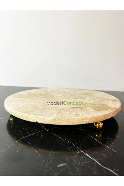 Modestmar Doğal Traverten mermer 28 cm Gold Ayaklı Sunumluk, Traverten Tepsi Gold Top ayak - 4