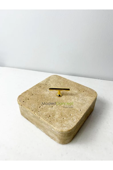 Modestmar Traverten Mermer Kare Kase, Traverten takı kutusu, Düzenleyici Gold T kulp - 3