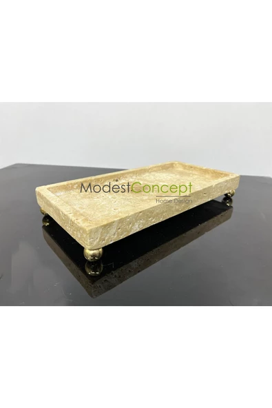 Modestmar Doğal Traverten Mermer Tepsi, Banyo Düzenleyici, Sunum Tabağı, Organizer 15x30cm Top Ayaklı
