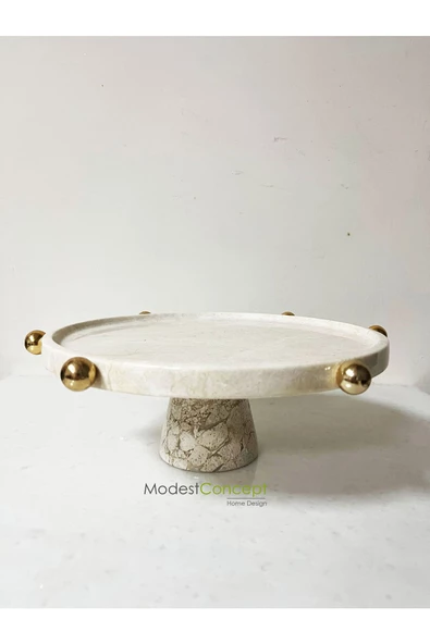 Modestmar Doğal Bej Mermer Pasta Standı - Pasta Sunum- Mermer Ayaklı Pasta Servisi Gold Detaylı - 5