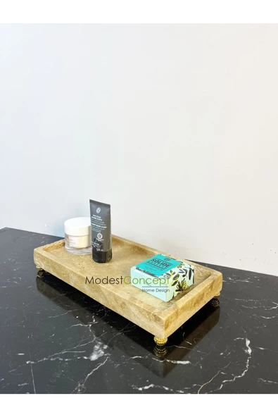Modestmar Doğal Traverten Mermer Tepsi, Banyo Düzenleyici, Sunum Tabağı, Organizer 15x30cm Böğürtlen Ayaklı - 4