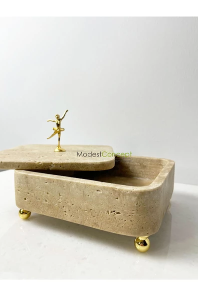 Modestmar Traverten Mermer Dekoratif Kase Top ayaklı balerin objeli traverten kutu - 6