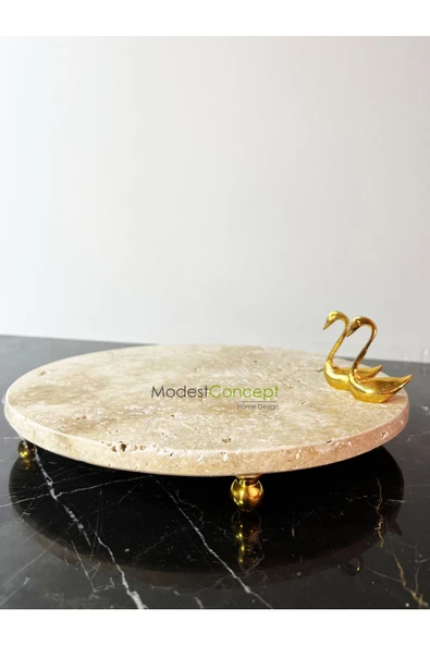 Modestmar Doğal Traverten mermer 28 cm Sunumluk, Traverten Tepsi Gold Kuğu Objeli