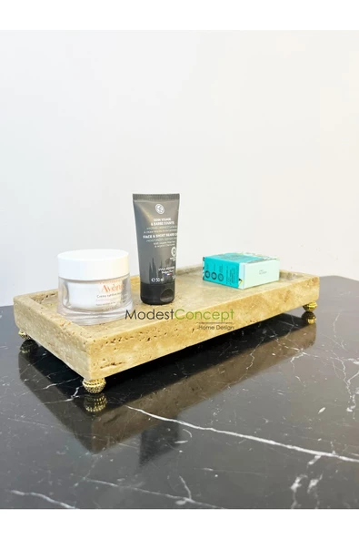 Modestmar Doğal Traverten Mermer Tepsi, Banyo Düzenleyici, Sunum Tabağı, Organizer 15x30cm Böğürtlen Ayaklı - 2