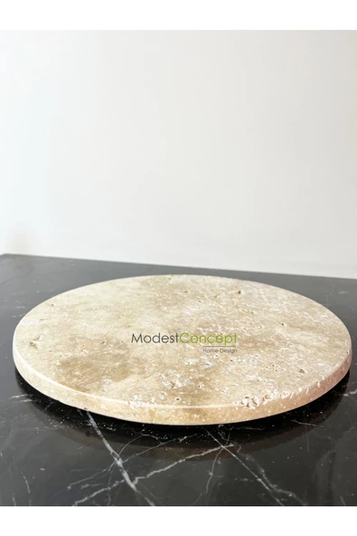 Modestmar Doğal Traverten mermer 28 cm Gold Ayaklı Sunumluk, Traverten Tepsi Gold Top ayak - 6