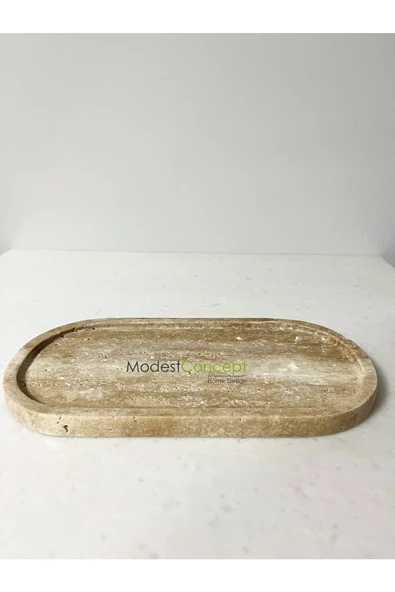 Modestmar Doğal Traverten Mermer Tepsi Oval, Banyo Düzenleyici, Oval Sunum Tabağı  VC - 5
