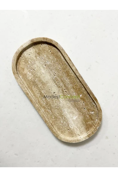 Modestmar Doğal Traverten Mermer Tepsi Oval, Banyo Düzenleyici, Oval Sunum Tabağı  VC - 2