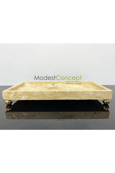 Modestmar Doğal Traverten Mermer Tepsi, Banyo Düzenleyici, Sunum Tabağı, Organizer 15x30cm Top Ayaklı - 2