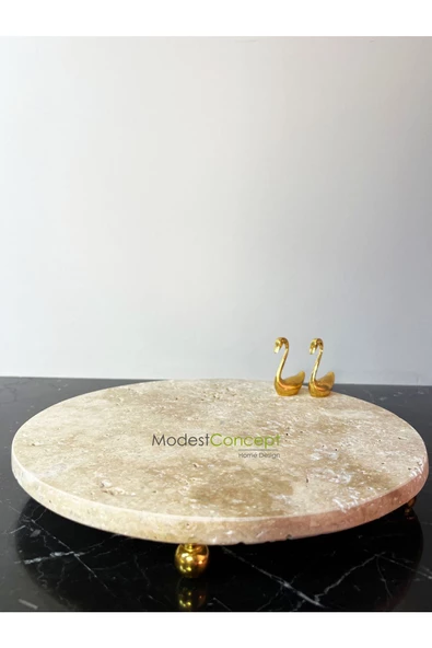Modestmar Doğal Traverten mermer 28 cm Sunumluk, Traverten Tepsi Gold Kuğu Objeli - 2