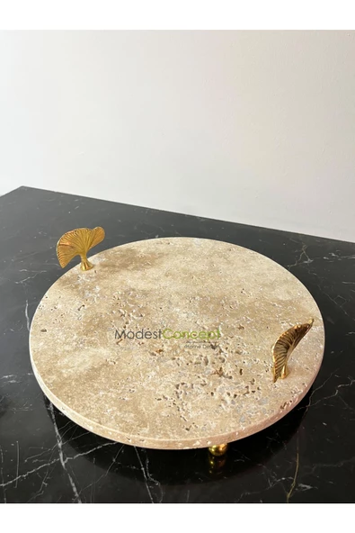 Modestmar Doğal Traverten mermer 28 cm Gold Ayaklı Gingko Detaylı Sunumluk, Traverten Tepsi - 2