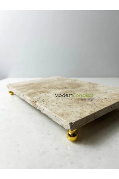 Modestmar Traverten Mermer Tepsi, Sunumluk gold top ayak 20x30cm