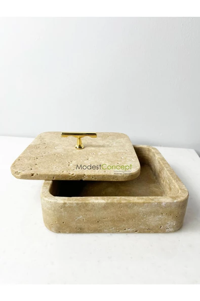 Modestmar Traverten Mermer Kare Kase, Traverten takı kutusu, Düzenleyici Gold T kulp - 5