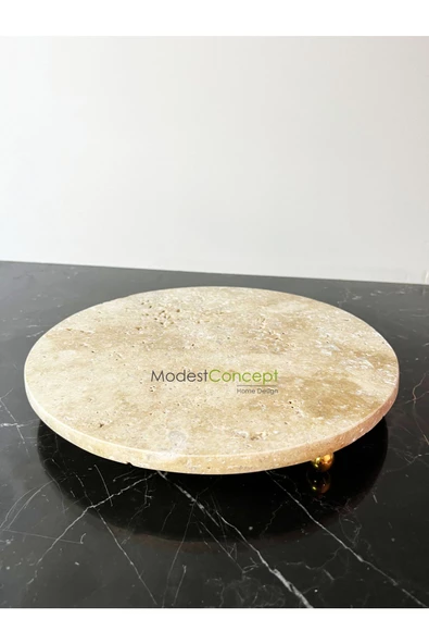 Modestmar Doğal Traverten mermer 28 cm Gold Ayaklı Sunumluk, Traverten Tepsi Gold Top ayak