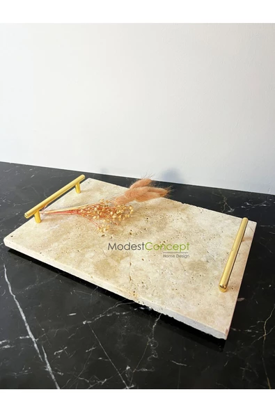 Modestmar Traverten Mermer Tepsi, Sunum Tepsisi Gold, Nişan Tepsisi 20x30 - 4