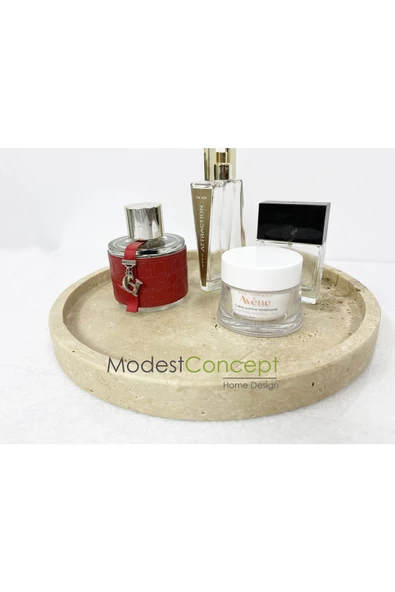 Modestmar Doğal Traverten Mermer Yuvarlak Tepsi, Banyo Düzenleyici, Sunum Tabağı - 6