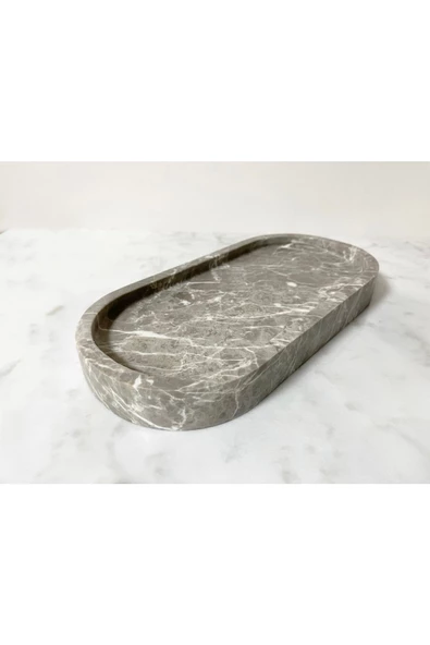 Modestmar Doğal Gri Mermer Oval Tepsi, Banyo Düzenleyici, Sunum Tabağı - 6
