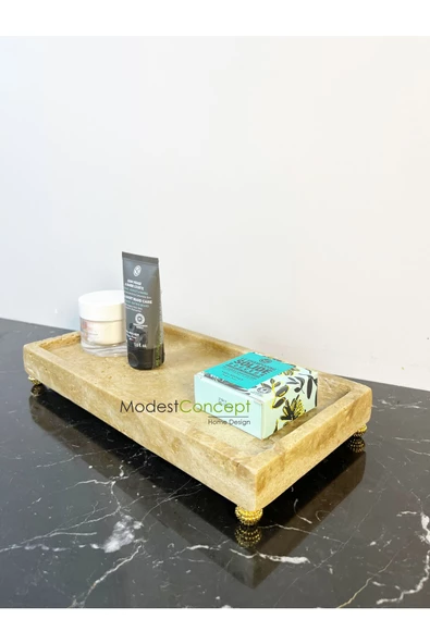 Modestmar Doğal Traverten Mermer Tepsi, Banyo Düzenleyici, Sunum Tabağı, Organizer 15x30cm Böğürtlen Ayaklı - 6