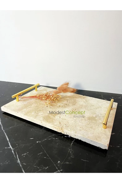 Modestmar Traverten Mermer Tepsi, Sunum Tepsisi Gold, Nişan Tepsisi 20x30 - 5