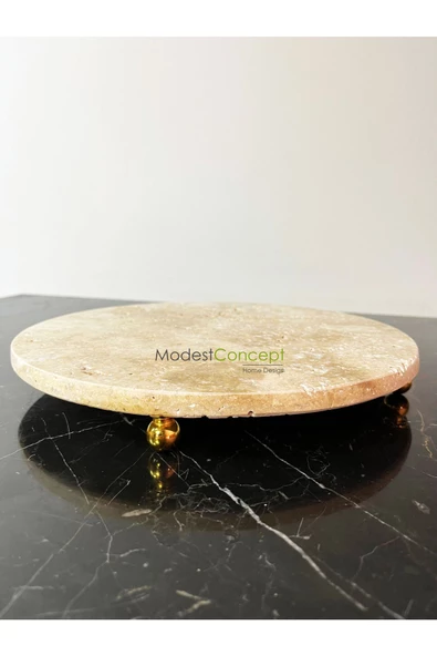 Modestmar Doğal Traverten mermer 28 cm Gold Ayaklı Sunumluk, Traverten Tepsi Gold Top ayak - 2