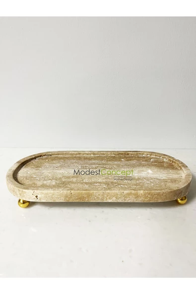 Modestmar Doğal Traverten Mermer Tepsi Oval, Banyo Düzenleyici, Oval Sunum Tabağı Top Ayaklı VC - 6